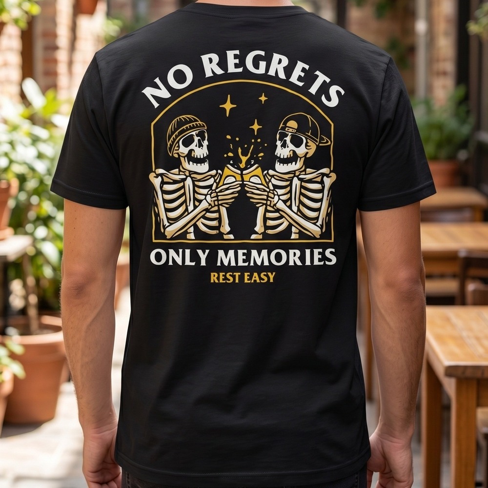 Rest Easy Mens No Regrets Only Memories Skeleton Graphic T-Shirt Black Cotton